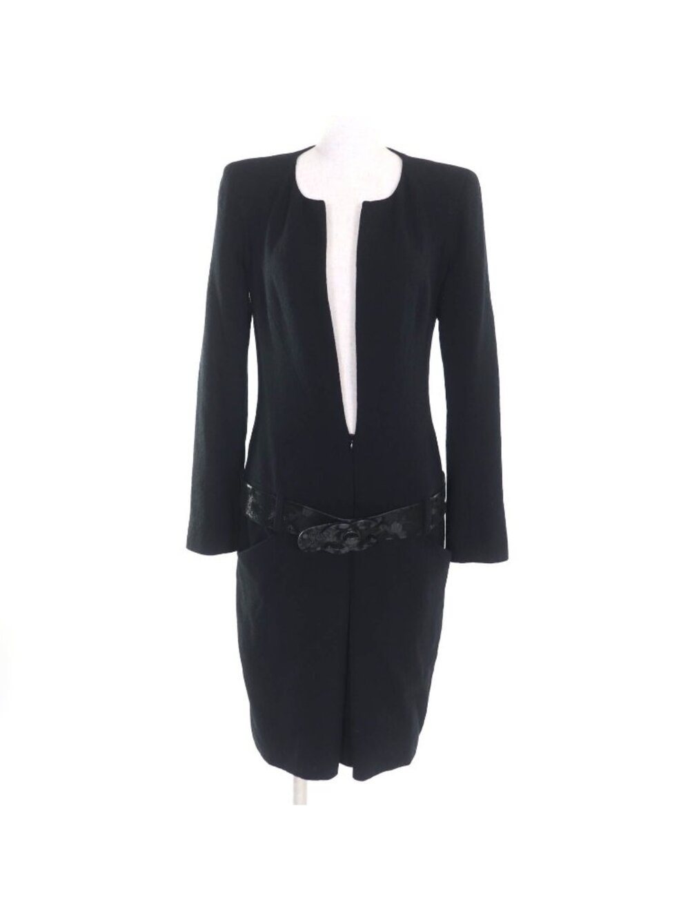 Chanel Lining Silk 100% Big CC Logo Buckle with Belt Long Sleeve Wool Dress